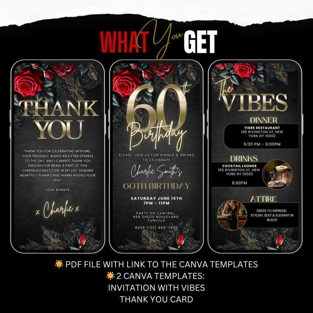 60th Birthday Invitation with Details and Thank You Card | Red & Black Dinner Party Invite | Digital Invitation Template