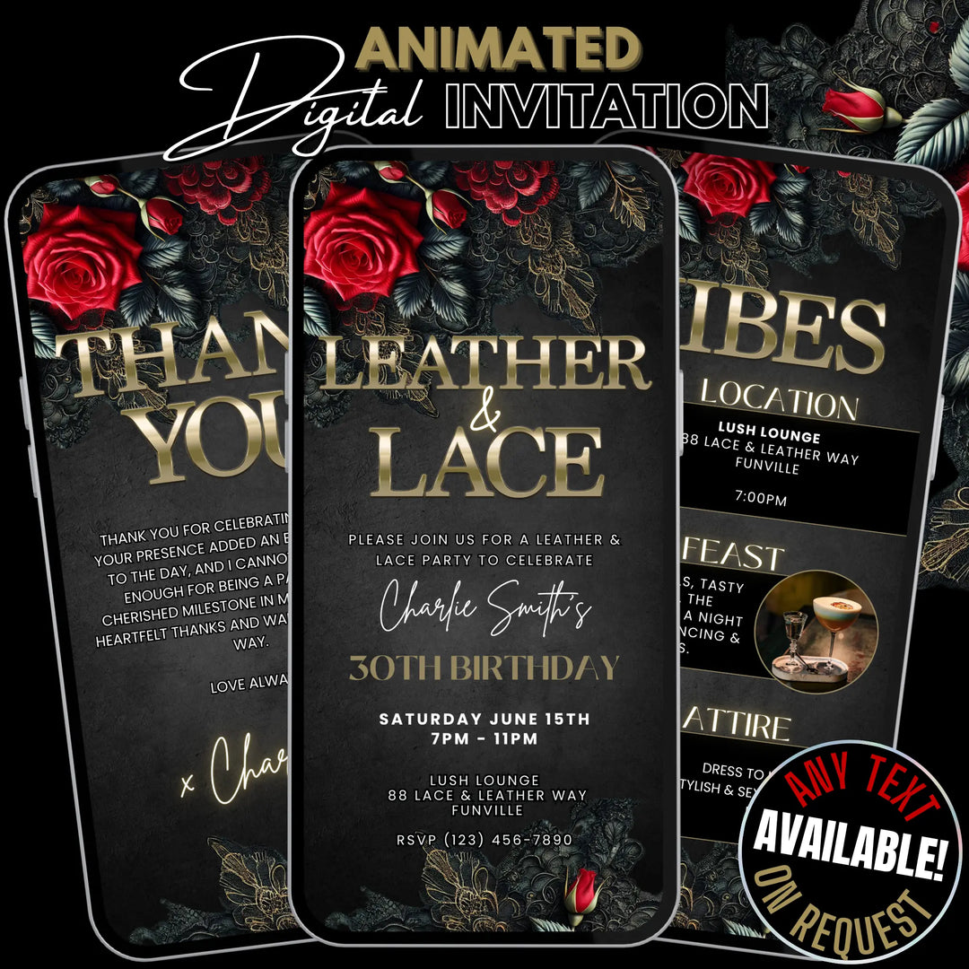 Leather and Lace Theme Party Invite with Vibes & Thank You Card | Digital Invitation Template