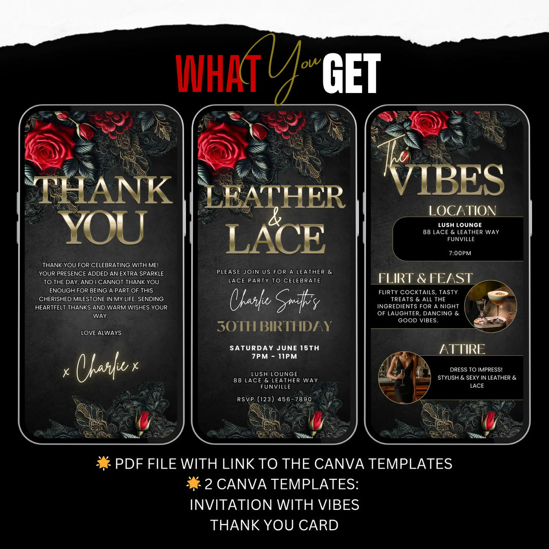 Leather and Lace Theme Party Invite with Vibes & Thank You Card | Digital Invitation Template