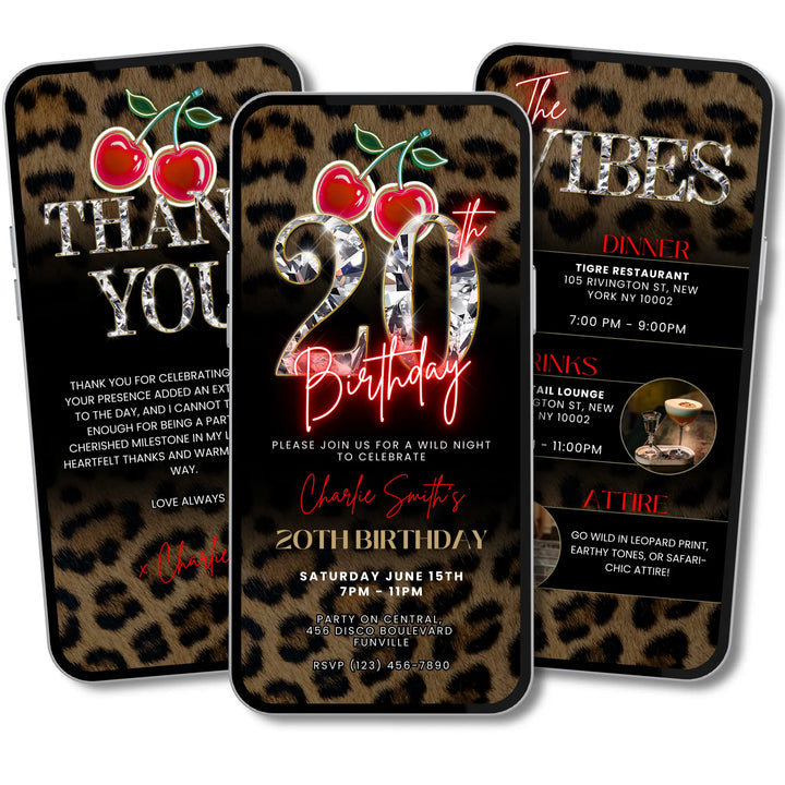 Wild Cherry Leopard Print 20th Birthday Invitation with Vibes & Thank You Card – Self Editable Digital Video Template
