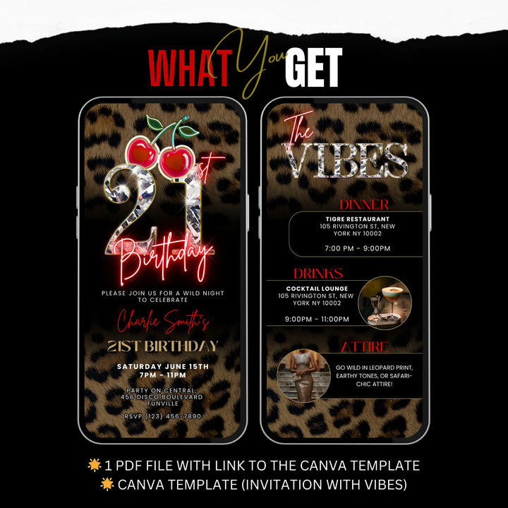 Wild Cherry Leopard Print 21st Birthday Invitation with Vibes – Self Editable Digital Template