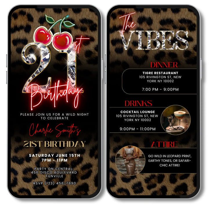 Wild Cherry Leopard Print 21st Birthday Invitation with Vibes – Self Editable Digital Template