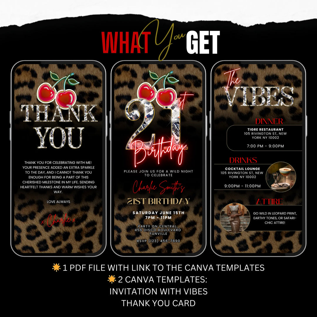 Wild Cherry Leopard Print 21st Birthday Invitation with Vibes & Thank You Card – Self Editable Digital Video Template