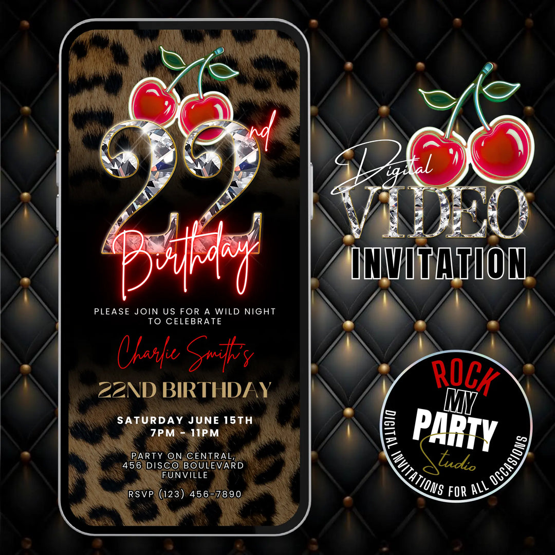 Wild Cherry Leopard Print 22nd Birthday Invitation Video – Self Editable Digital Template