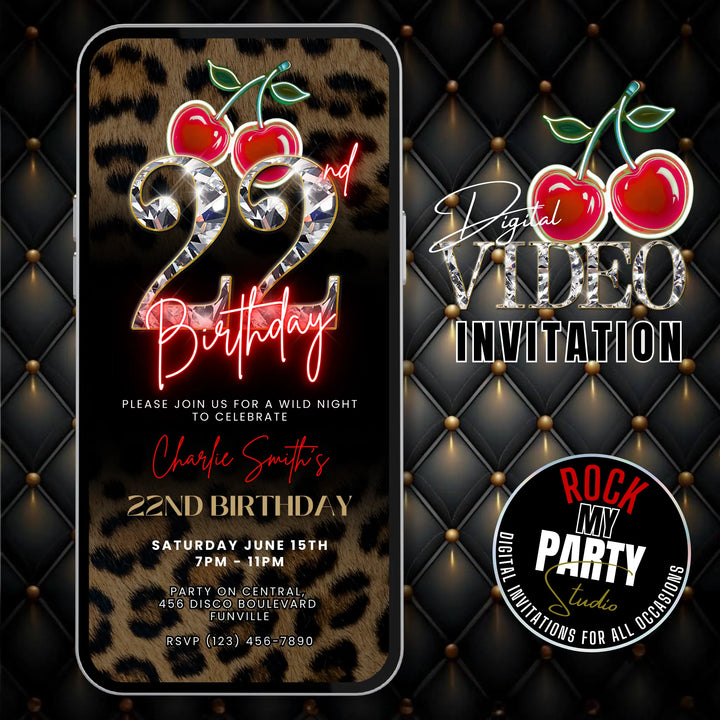 Wild Cherry Leopard Print 22nd Birthday Invitation Video – Self Editable Digital Template