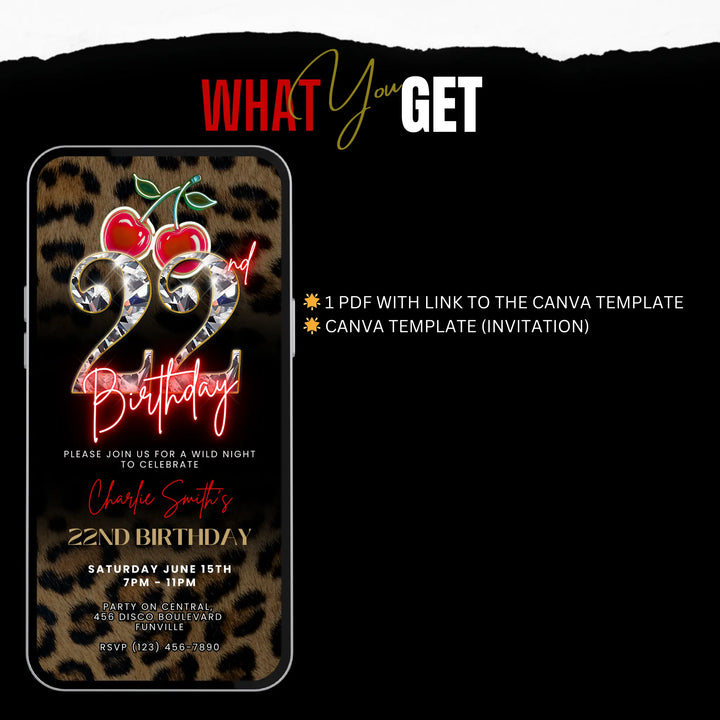 Wild Cherry Leopard Print 22nd Birthday Invitation Video – Self Editable Digital Template
