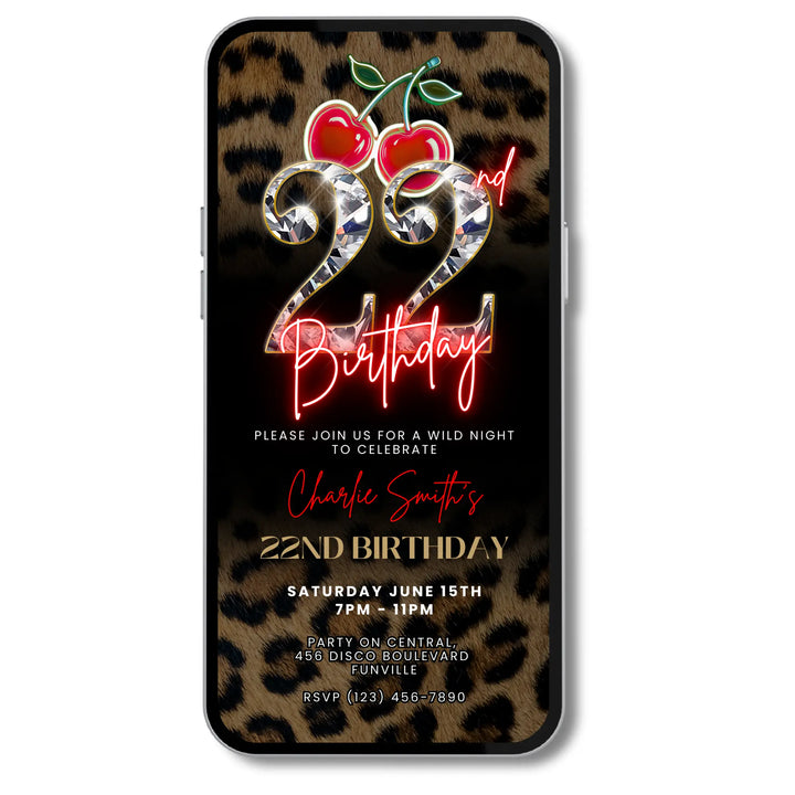 Wild Cherry Leopard Print 22nd Birthday Invitation Video – Self Editable Digital Template