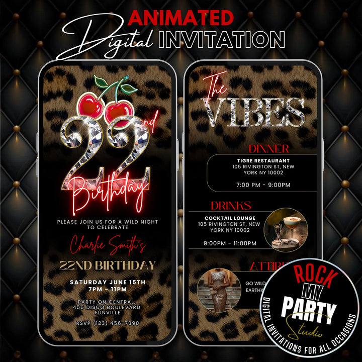 Wild Cherry Leopard Print 22nd Birthday Invitation with Vibes – Self Editable Digital Template