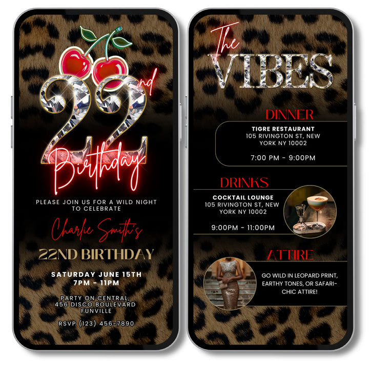 Wild Cherry Leopard Print 22nd Birthday Invitation with Vibes – Self Editable Digital Template