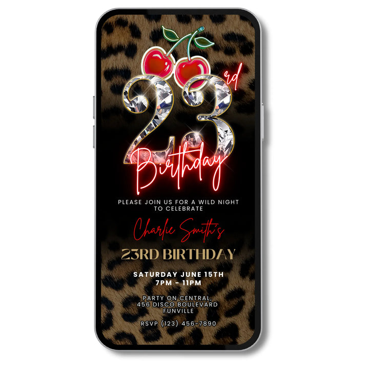 Wild Cherry Leopard Print 23rd Birthday Invitation Video – Self Editable Digital Template