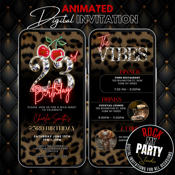 Wild Cherry Leopard Print 23rd Birthday Invitation with Vibes – Self Editable Digital Template