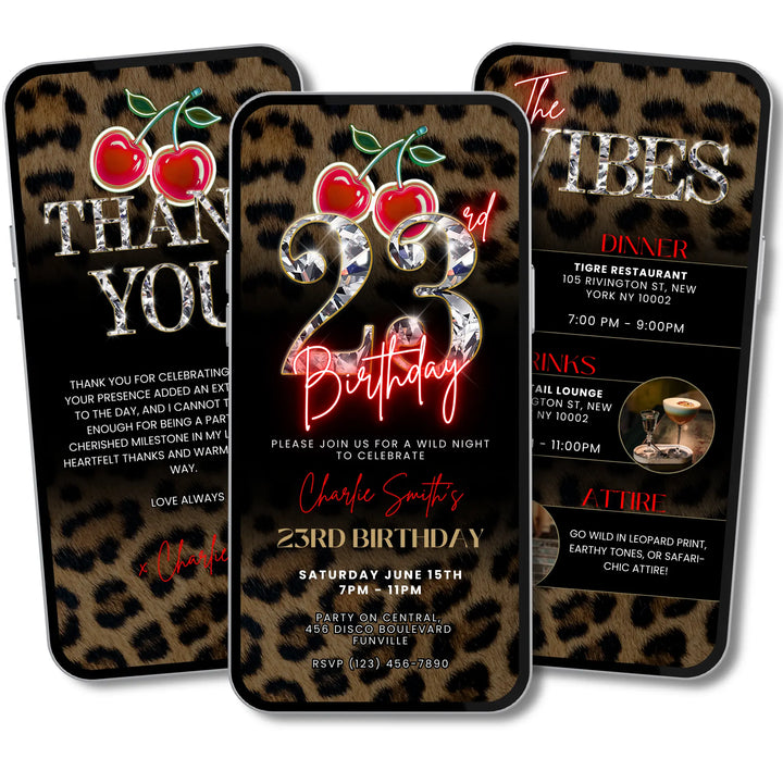 Wild Cherry Leopard Print 23rd Birthday Invitation with Vibes & Thank You Card – Self Editable Digital Video Template