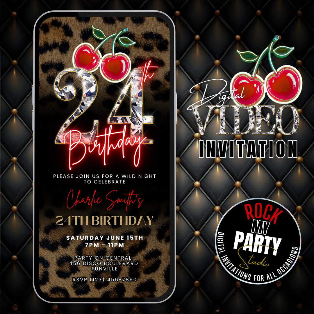 Wild Cherry Leopard Print 24th Birthday Invitation Video – Self Editable Digital Template