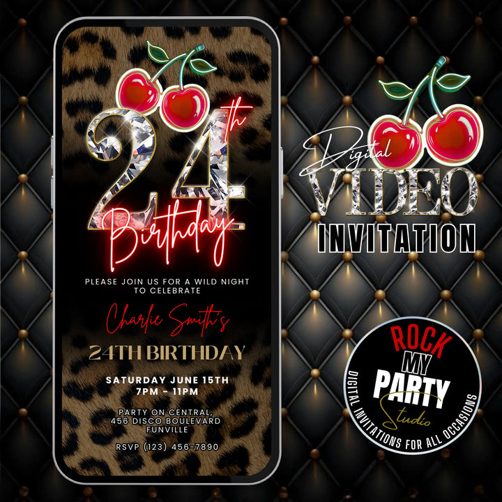 Wild Cherry Leopard Print 24th Birthday Invitation Video – Self Editable Digital Template