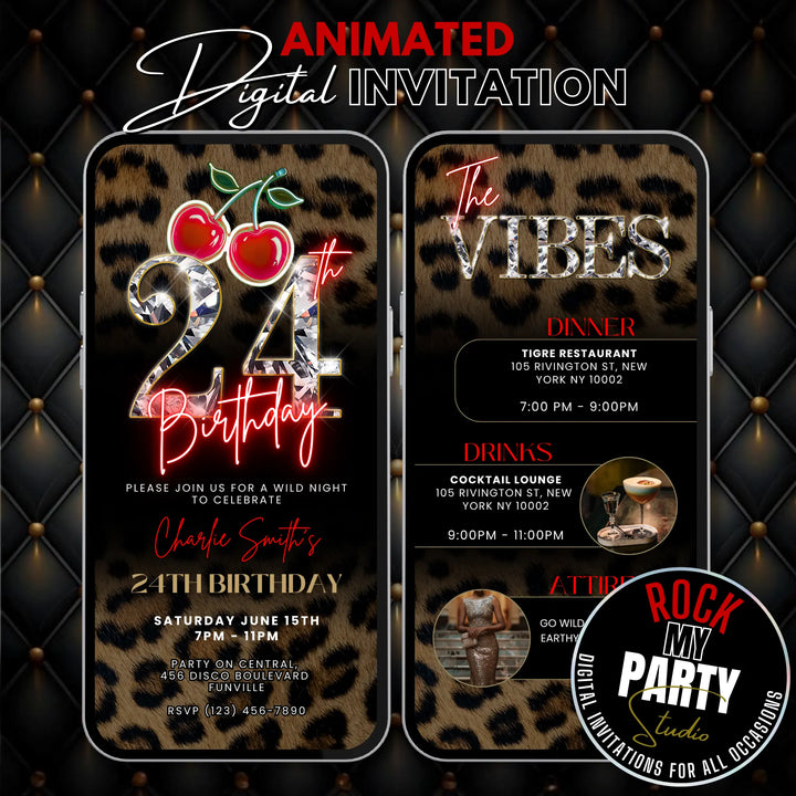 Wild Cherry Leopard Print 24th Birthday Invitation with Vibes – Self Editable Digital Template