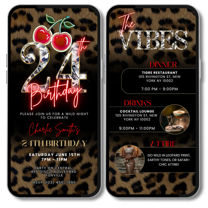Wild Cherry Leopard Print 24th Birthday Invitation with Vibes – Self Editable Digital Template