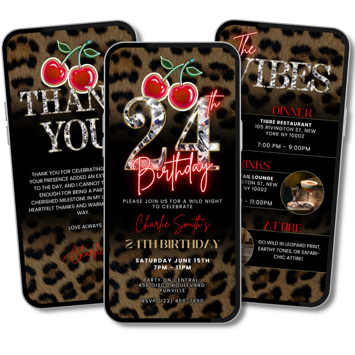 Wild Cherry Leopard Print 24th Birthday Invitation with Vibes & Thank You Card – Self Editable Digital Video Template