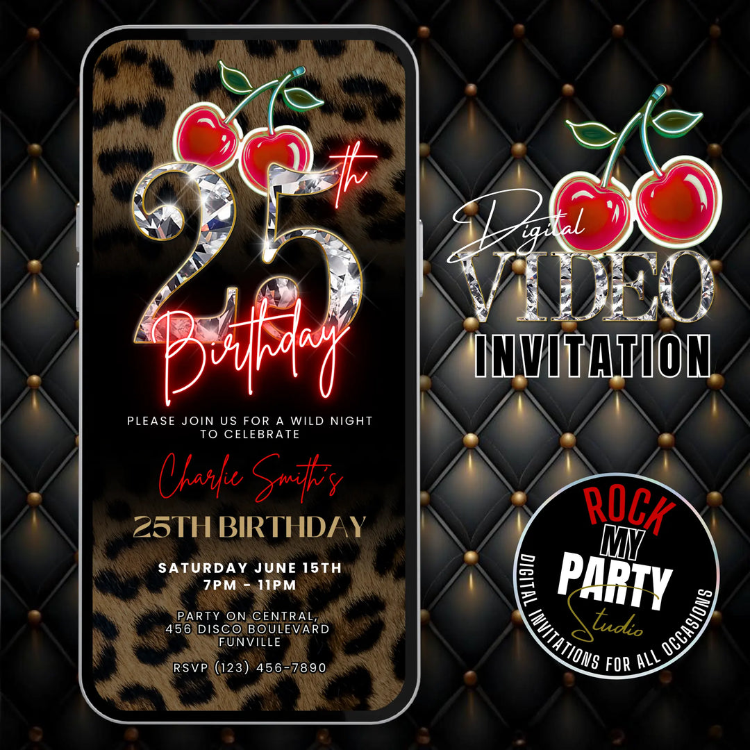 Wild Cherry Leopard Print 25th Birthday Invitation Video – Self Editable Digital Template