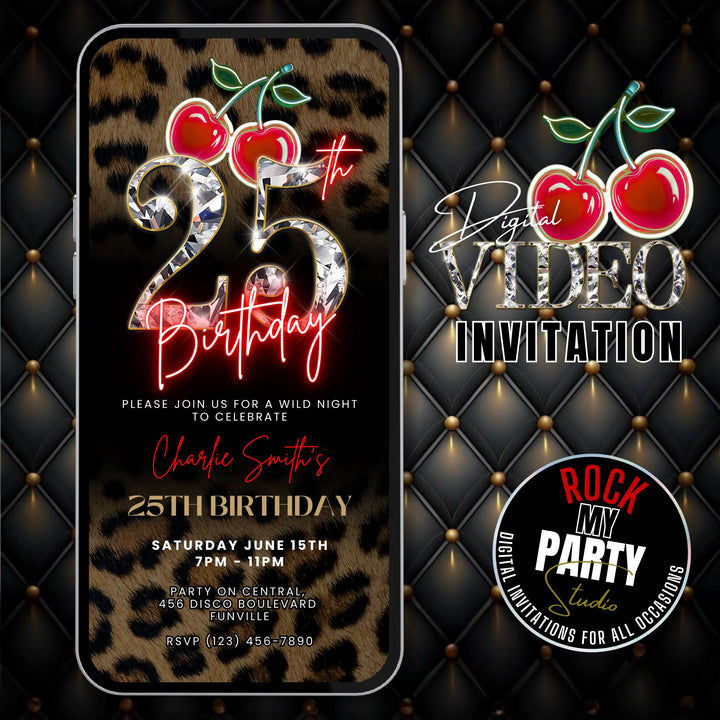 Wild Cherry Leopard Print 25th Birthday Invitation Video – Self Editable Digital Template