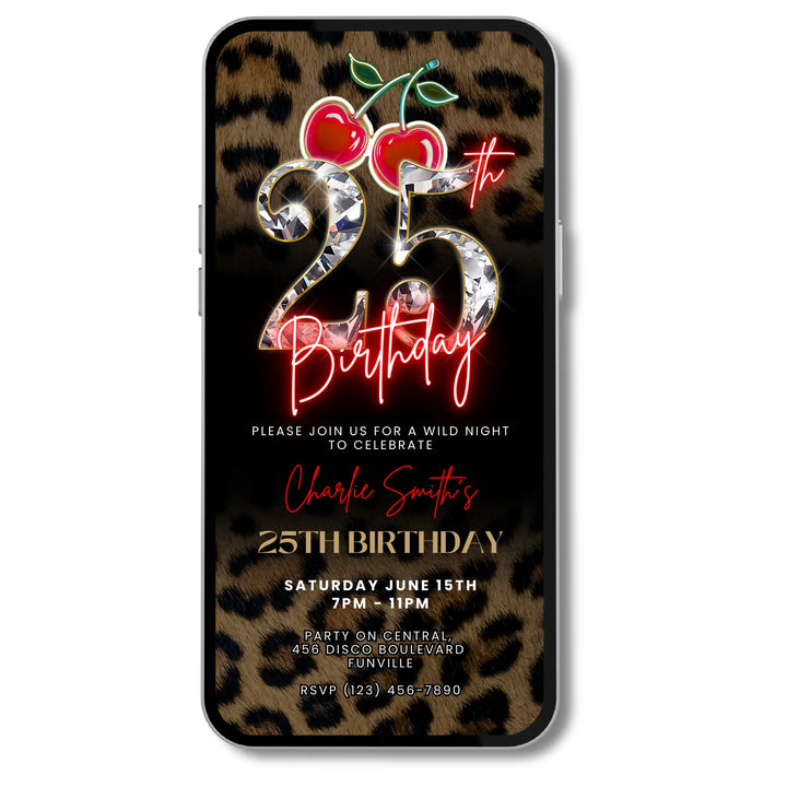 Wild Cherry Leopard Print 25th Birthday Invitation Video – Self Editable Digital Template