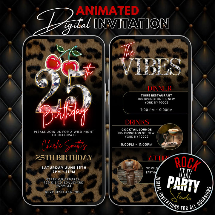 Wild Cherry Leopard Print 25th Birthday Invitation with Vibes – Self Editable Digital Template