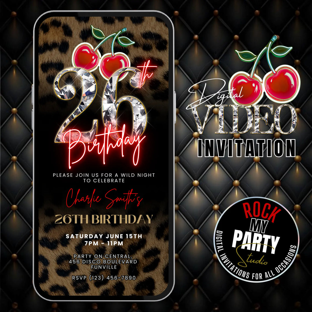 Wild Cherry Leopard Print 26th Birthday Invitation Video – Self Editable Digital Template