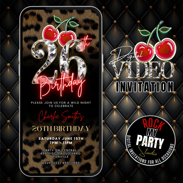 Wild Cherry Leopard Print 26th Birthday Invitation Video – Self Editable Digital Template