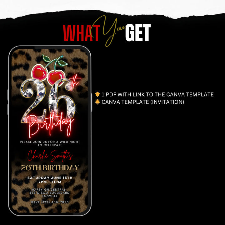 Wild Cherry Leopard Print 26th Birthday Invitation Video – Self Editable Digital Template
