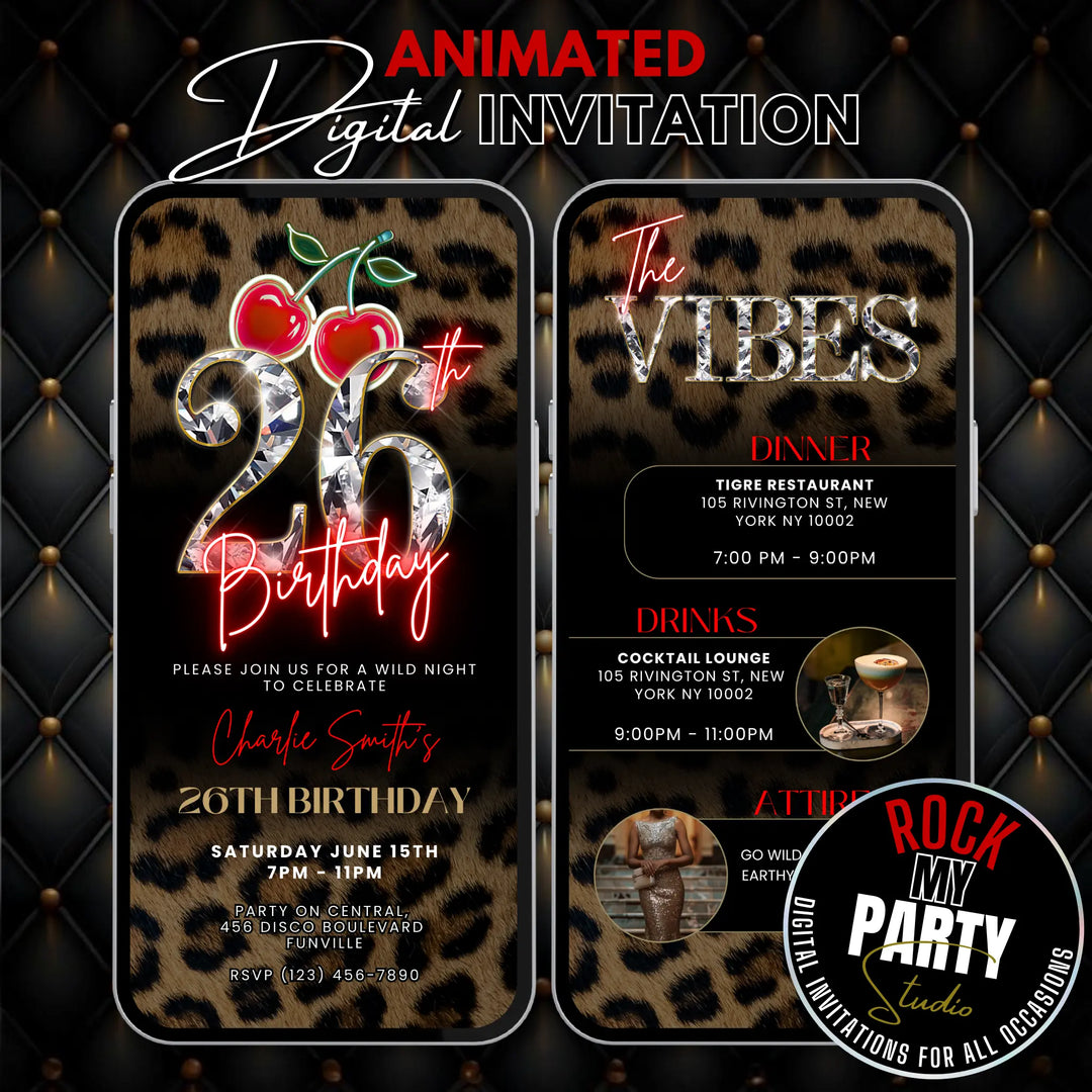Wild Cherry Leopard Print 26th Birthday Invitation with Vibes – Self Editable Digital Template