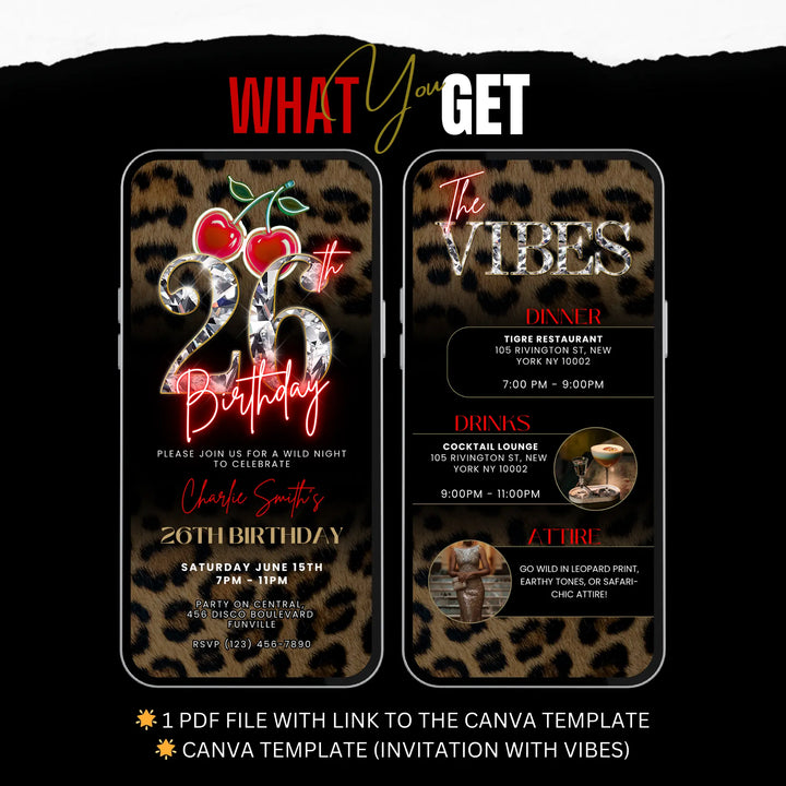Wild Cherry Leopard Print 26th Birthday Invitation with Vibes – Self Editable Digital Template