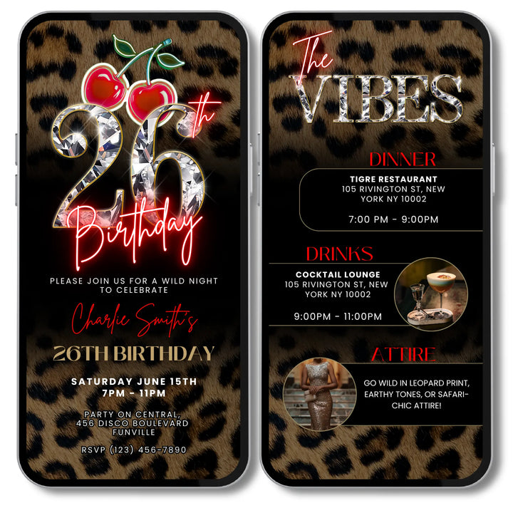 Wild Cherry Leopard Print 26th Birthday Invitation with Vibes – Self Editable Digital Template
