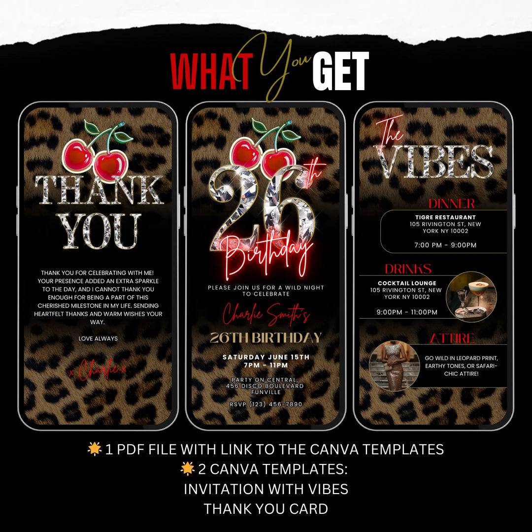Wild Cherry Leopard Print 26th Birthday Invitation with Vibes & Thank You Card – Self Editable Digital Video Template