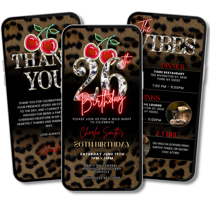 Wild Cherry Leopard Print 26th Birthday Invitation with Vibes & Thank You Card – Self Editable Digital Video Template