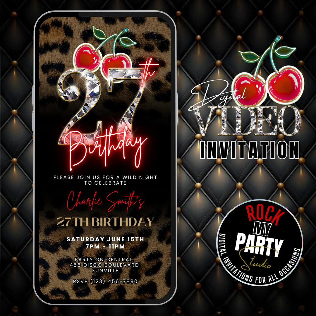 Wild Cherry Leopard Print 27th Birthday Invitation Video – Self Editable Digital Template