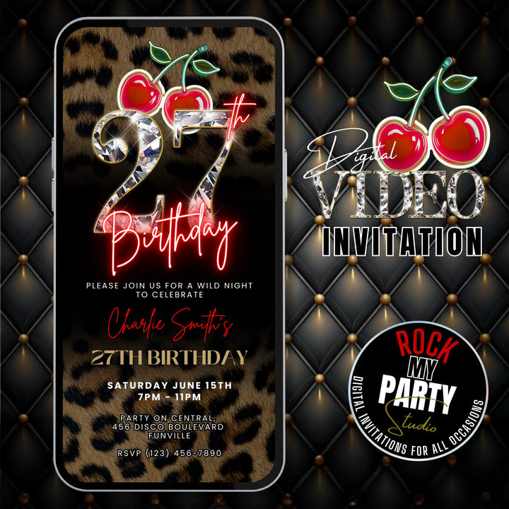 Wild Cherry Leopard Print 27th Birthday Invitation Video – Self Editable Digital Template