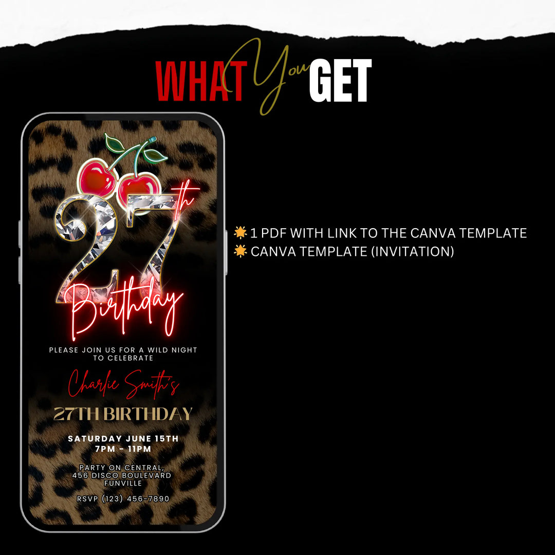 Wild Cherry Leopard Print 27th Birthday Invitation Video – Self Editable Digital Template
