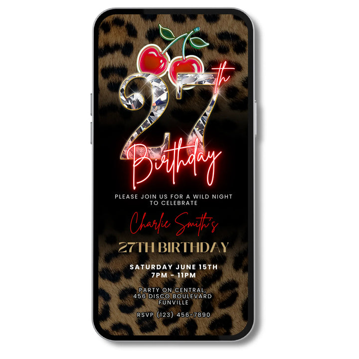 Wild Cherry Leopard Print 27th Birthday Invitation Video – Self Editable Digital Template