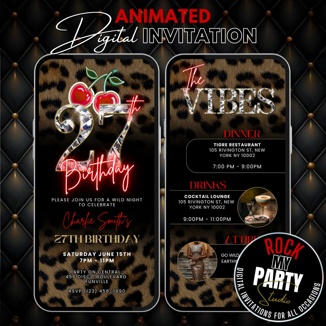 Wild Cherry Leopard Print 27th Birthday Invitation with Vibes – Self Editable Digital Template