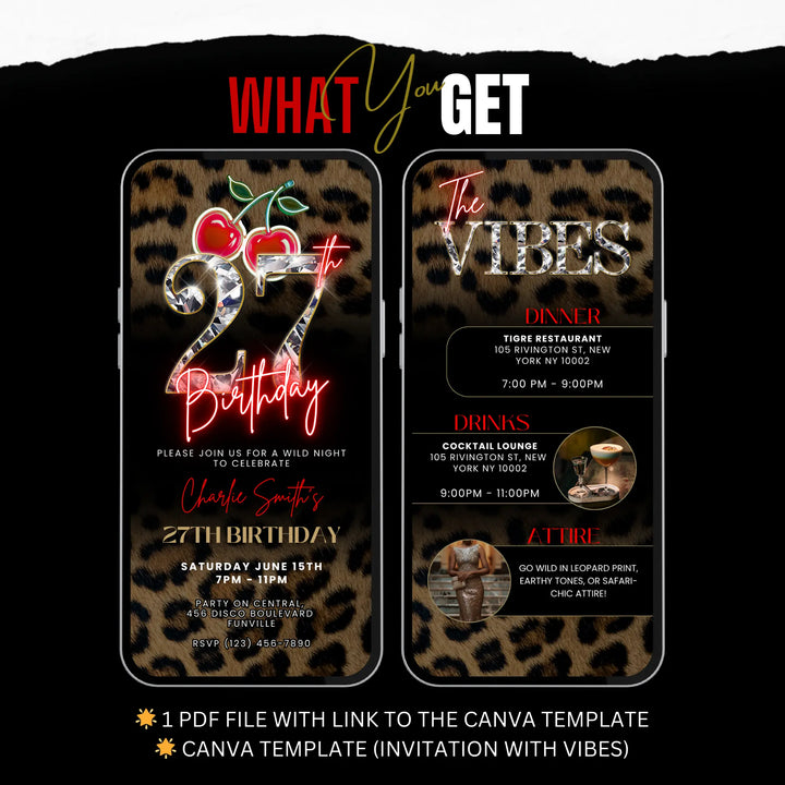 Wild Cherry Leopard Print 27th Birthday Invitation with Vibes – Self Editable Digital Template