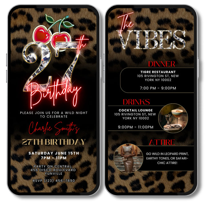 Wild Cherry Leopard Print 27th Birthday Invitation with Vibes – Self Editable Digital Template