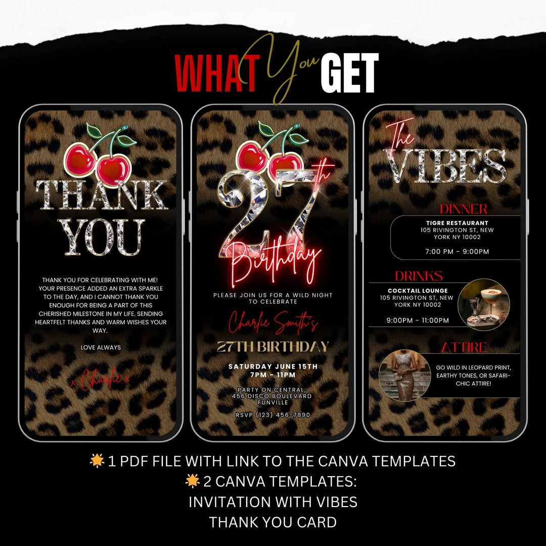 Wild Cherry Leopard Print 27th Birthday Invitation with Vibes & Thank You Card – Self Editable Digital Video Template