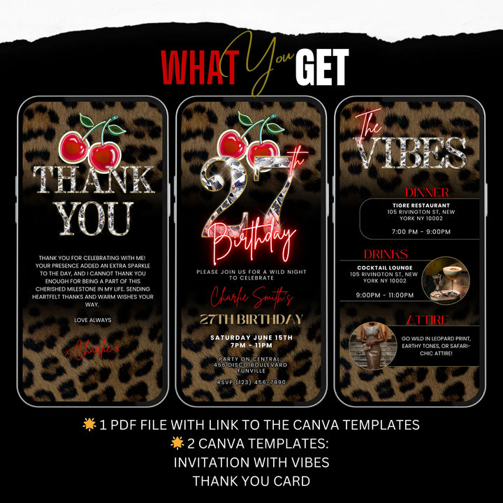 Wild Cherry Leopard Print 27th Birthday Invitation with Vibes & Thank You Card – Self Editable Digital Video Template