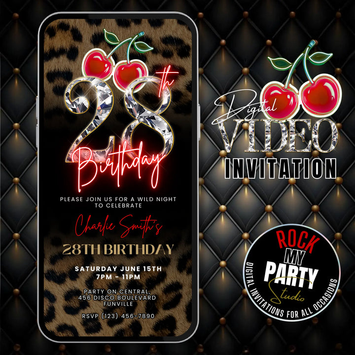 Wild Cherry Leopard Print 28th Birthday Invitation Video – Self Editable Digital Template
