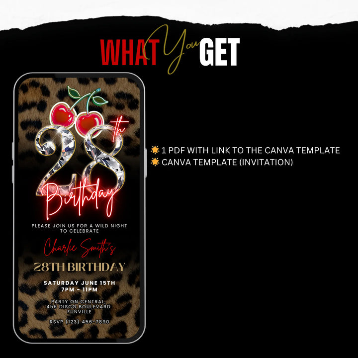 Wild Cherry Leopard Print 28th Birthday Invitation Video – Self Editable Digital Template
