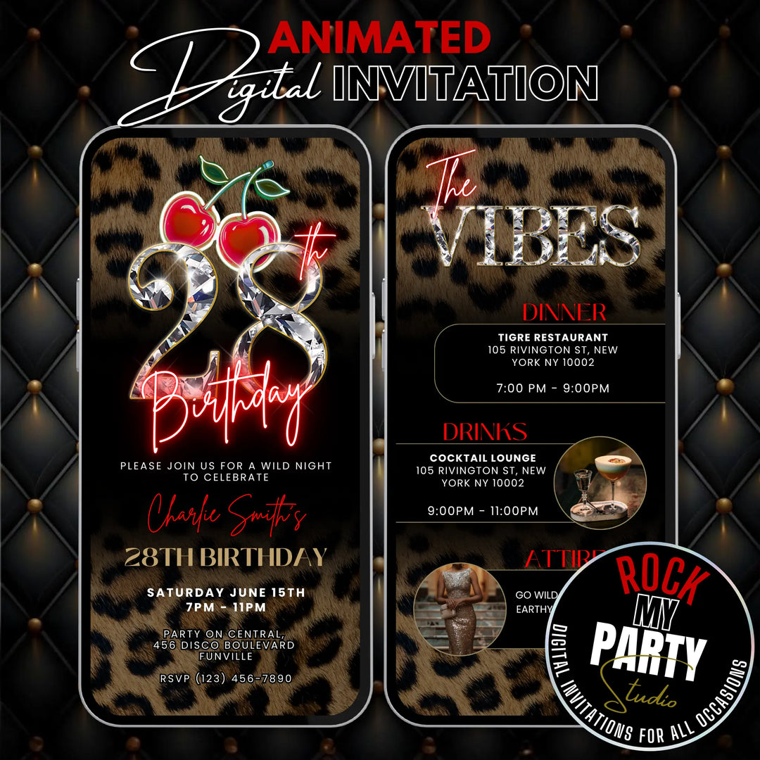 Wild Cherry Leopard Print 28th Birthday Invitation with Vibes – Self Editable Digital Template
