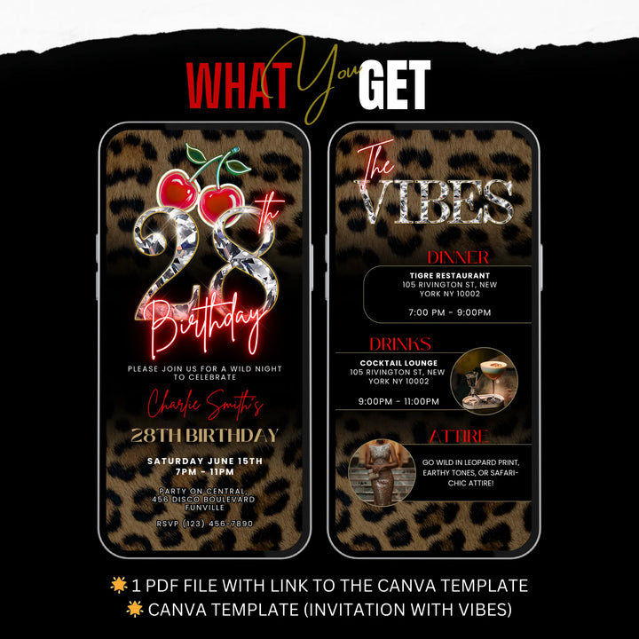 Wild Cherry Leopard Print 28th Birthday Invitation with Vibes – Self Editable Digital Template
