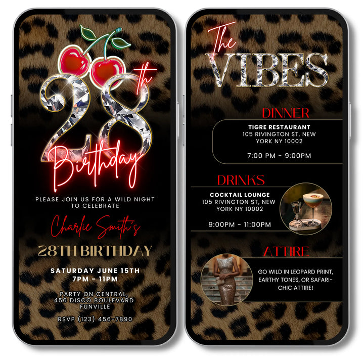 Wild Cherry Leopard Print 28th Birthday Invitation with Vibes – Self Editable Digital Template