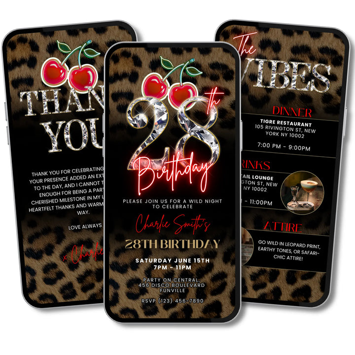 Wild Cherry Leopard Print 28th Birthday Invitation with Vibes & Thank You Card – Self Editable Digital Video Template