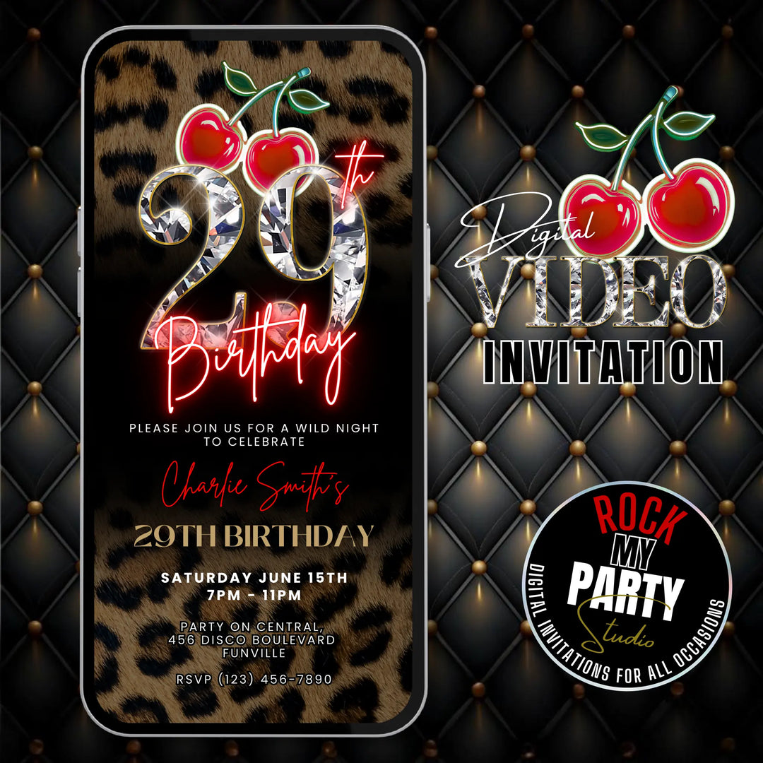 Wild Cherry Leopard Print 29th Birthday Invitation Video – Self Editable Digital Template
