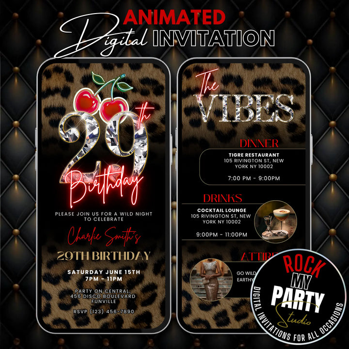 Wild Cherry Leopard Print 29th Birthday Invitation with Vibes – Self Editable Digital Template